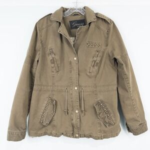 Guess Studded Army Anorak Jacket Womens L Khaki Green Grunge Utility Military
